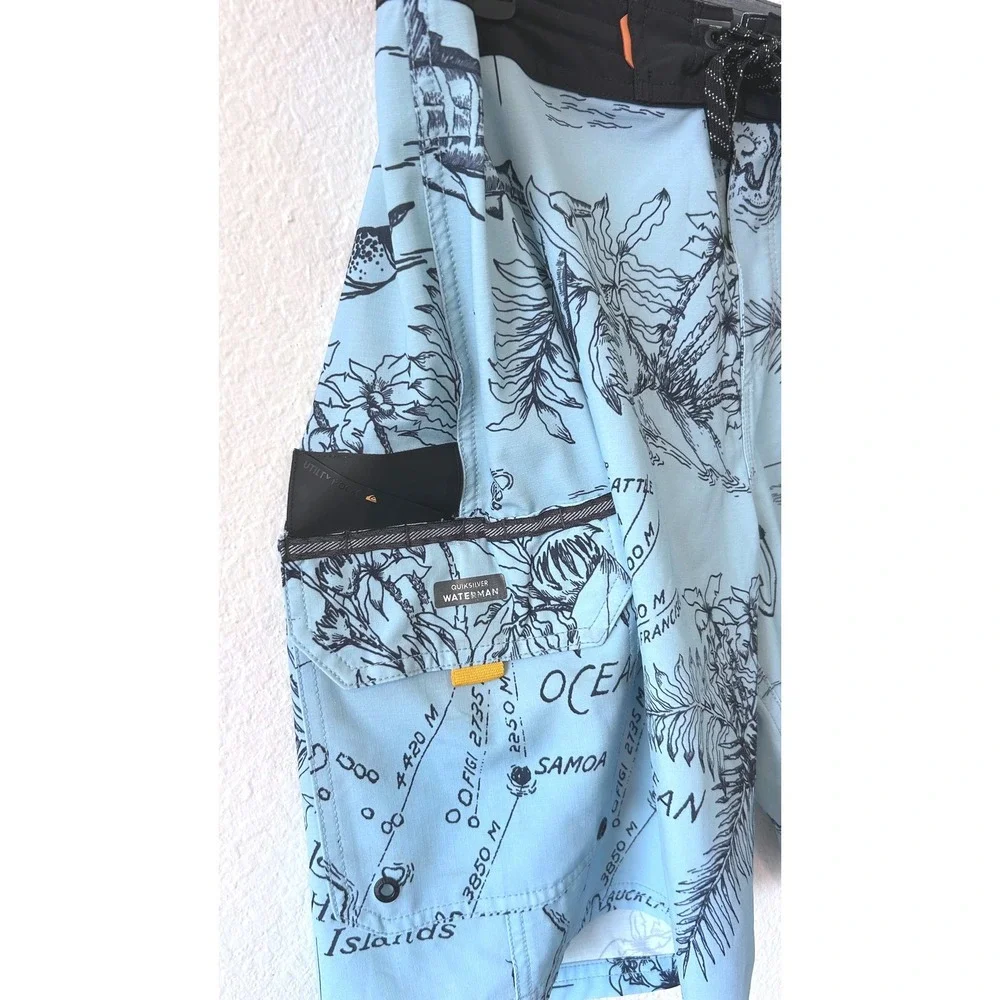 Quiksilver Waterman Hawaiian Islands Map Board Shorts‎ Blue SZ 33